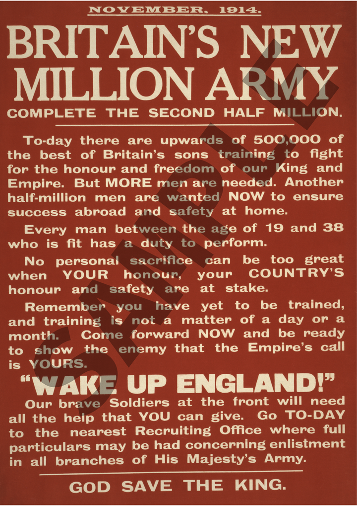 Britain's New Million Men Army | British World War One Recruitment Poster Posters, Prints, & Visual Artwork Hampshire Prints A4
