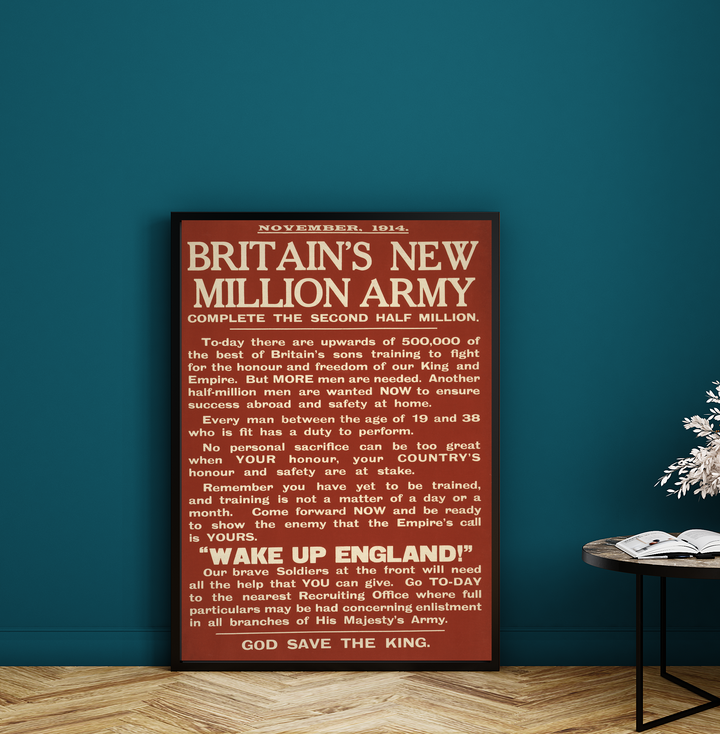 Britain's New Million Men Army | British World War One Recruitment Poster Posters, Prints, & Visual Artwork Hampshire Prints A3