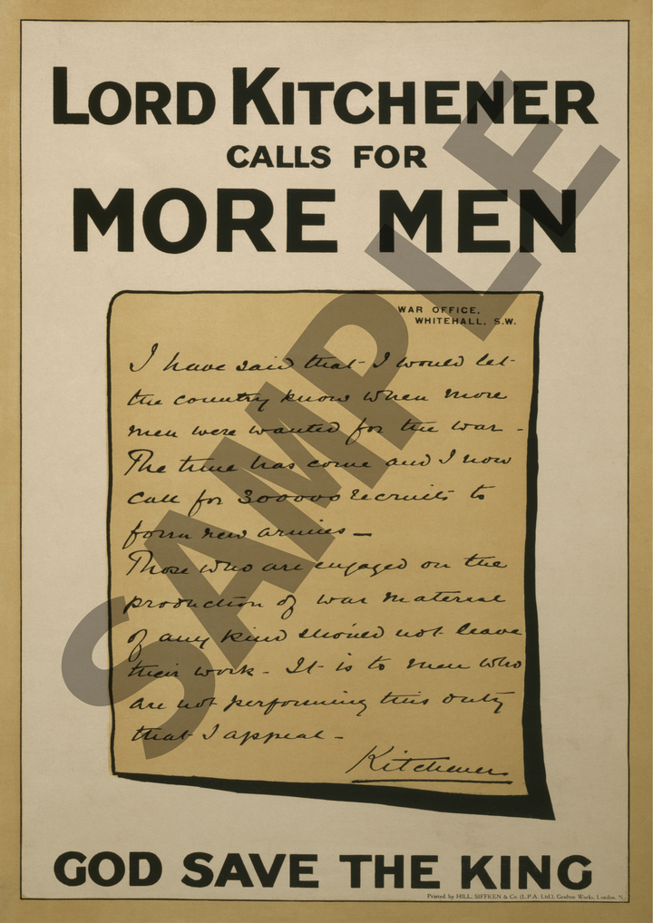 Lord Kitchener Calls for More Men | World War One Recruitment Poster Posters, Prints, & Visual Artwork Hampshire Prints A4