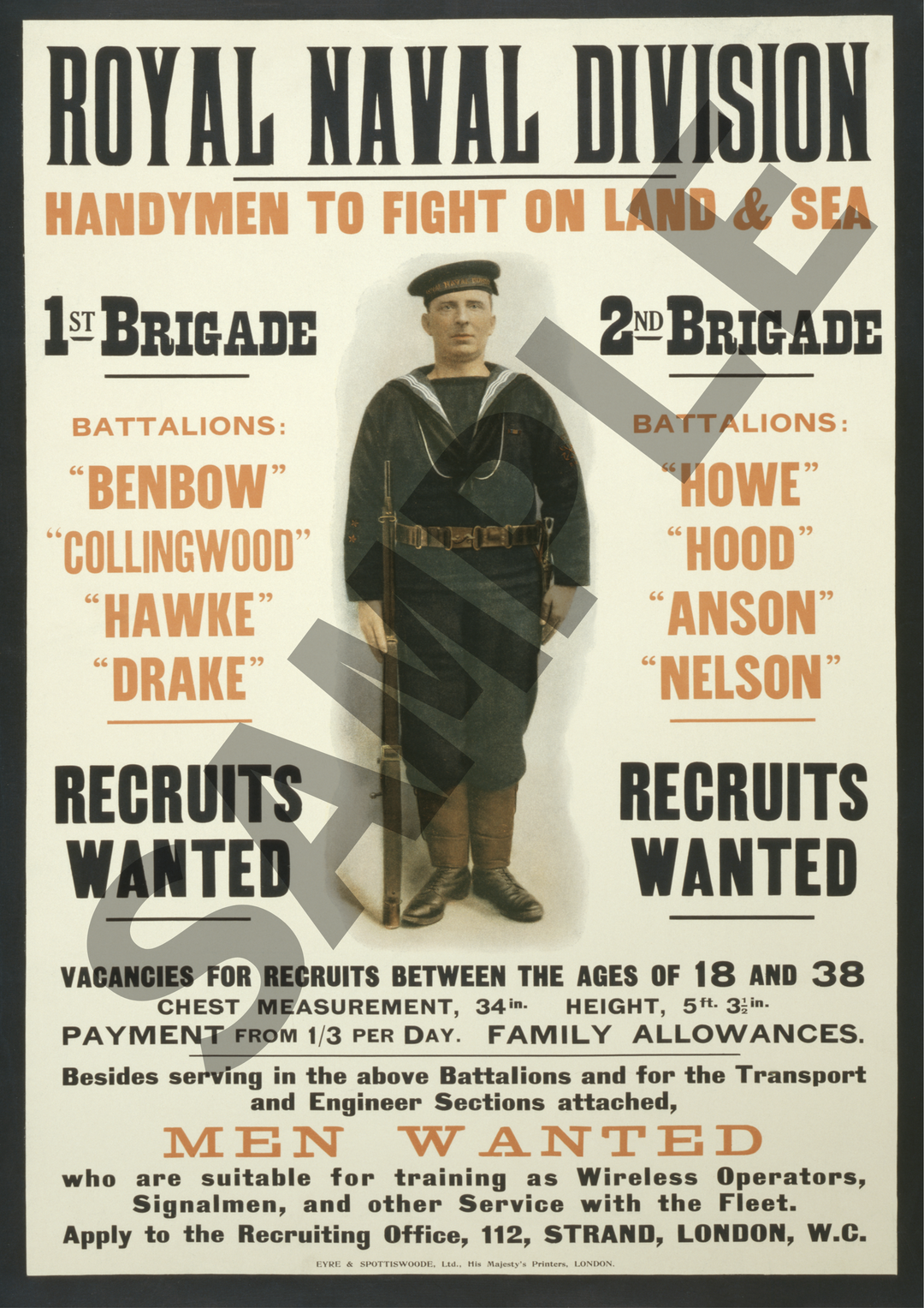 Royal Naval Division Handymen to Fight on Land and Sea | World War One Recruitment Poster Posters, Prints, & Visual Artwork Hampshire Prints A4