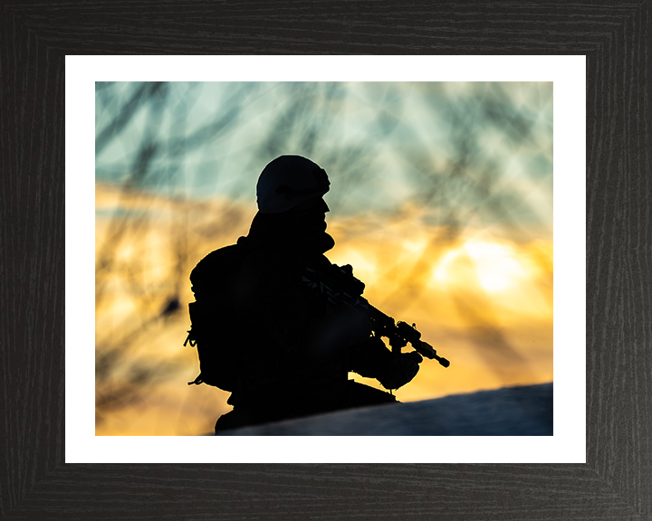 Royal Marine Commando silhouette at sunset Photo Print - 40 Commando Hampshire Prints 10 x 8 Black Frame Yes