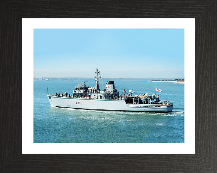 HMS Ledbury (M30) Photo Print - Leaving Portsmouth - Royal Navy Hunt Class Minesweeper Hampshire Prints 10 x 8 Black Frame Yes