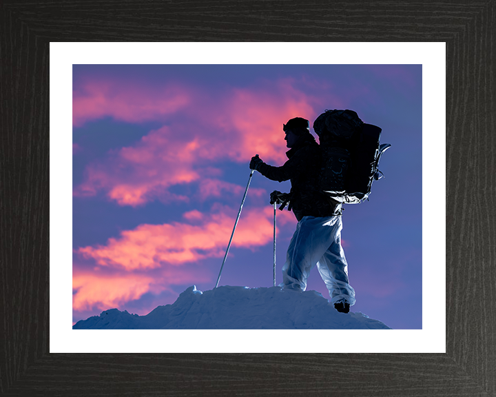 Royal Marine Commando with skis at sunset Photo Print Hampshire Prints 10 x 8 Black Frame Yes