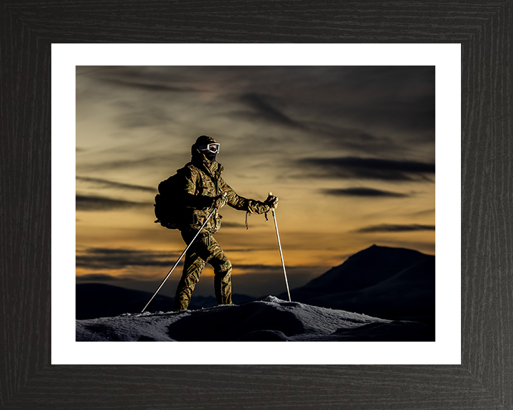 Royal Marine Commando with skis at sunset Photo Print Hampshire Prints 10 x 8 Black Frame Yes
