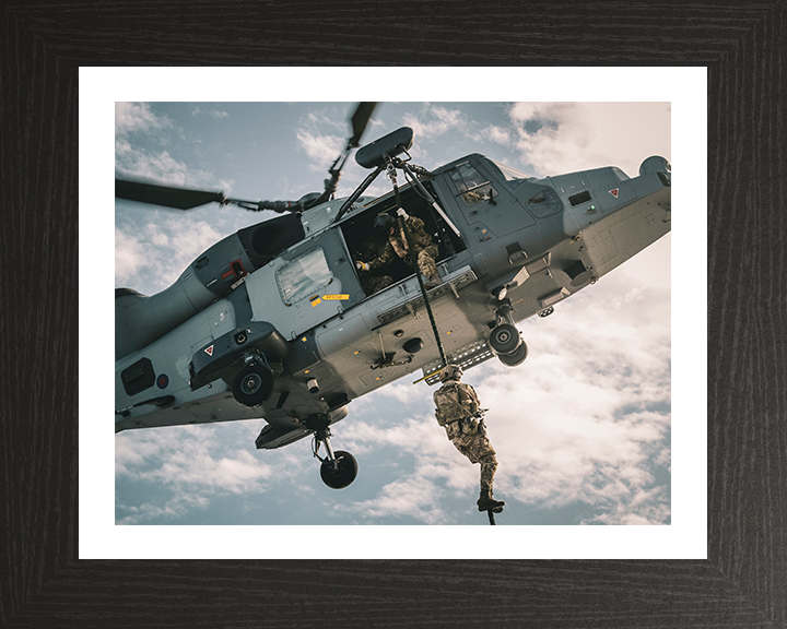 Royal Marine Commando fast roping from a Wildcat Helicopter Photo Print Hampshire Prints 10 x 8 Black Frame Yes