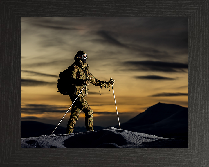 Royal Marine Commando with skis at sunset Photo Print Hampshire Prints 10 x 8 Black Frame No