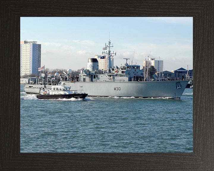 HMS Ledbury (M30) Photo Print - Entering Portsmouth Harbour - Royal Navy Hunt Class Minesweeper Hampshire Prints 10 x 8 Black Frame No