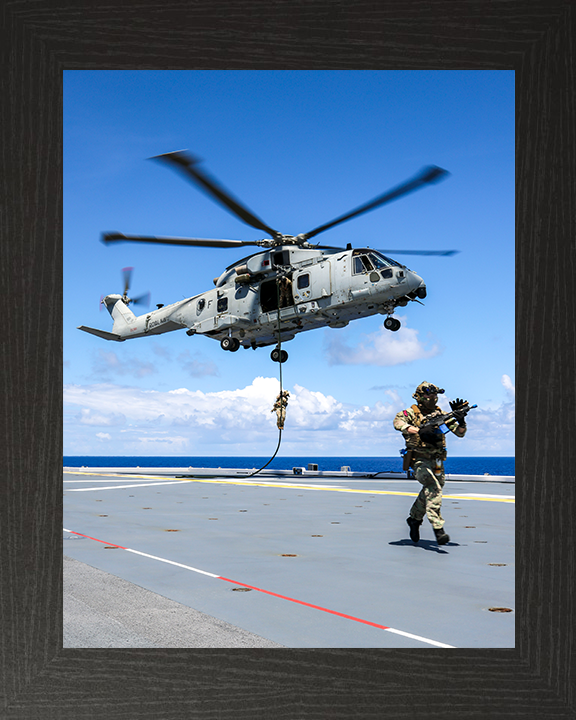 Royal Marine Commando Fast Roping from a Merlin 2025 Photo Print - 42 Commando Hampshire Prints 10 x 8 Black Frame No