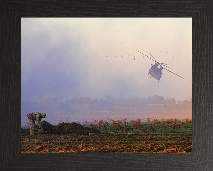 Royal Marine with Chinook Helicopter in Afghanistan Photo Print - 42 Commando Hampshire Prints 10 x 8 Black Frame No