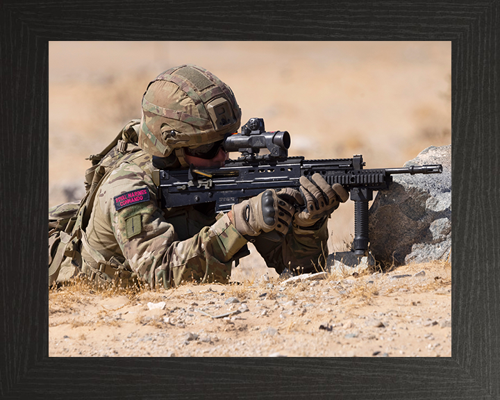 Royal Marine Commando firing Weapon Photo Print - 30 Commando Hampshire Prints 10 x 8 Black Frame No