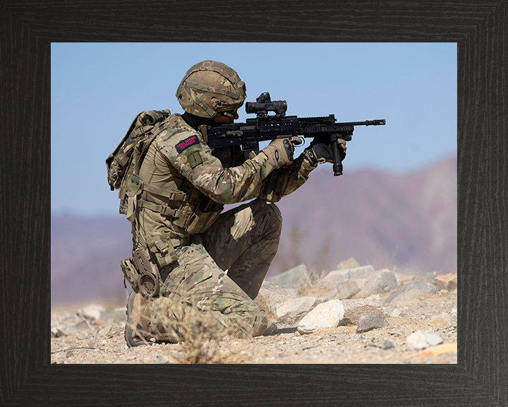 Royal Marine Commando Kneeling and firing Photo Print - 30 Commando Hampshire Prints 10 x 8 Black Frame No