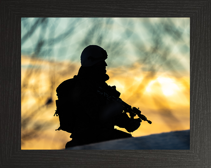 Royal Marine Commando silhouette at sunset Photo Print - 40 Commando Hampshire Prints 10 x 8 Black Frame No