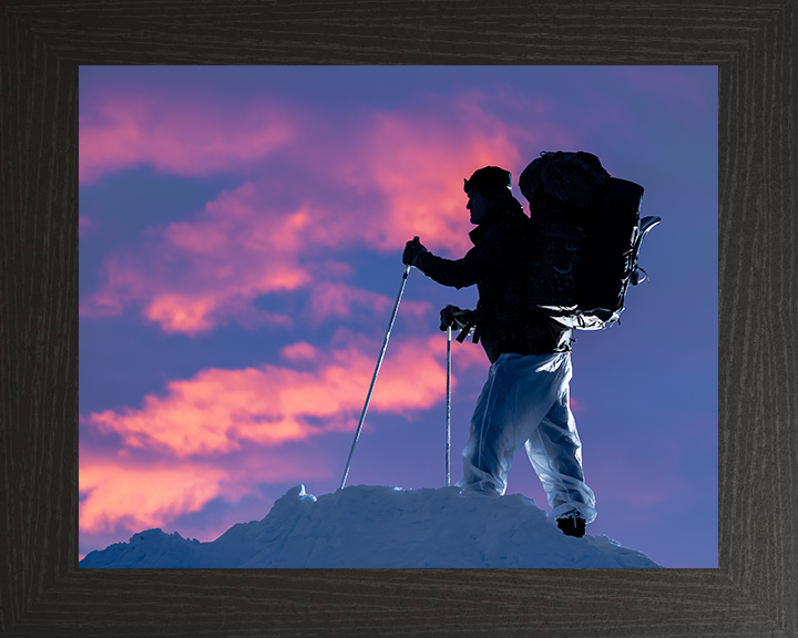Royal Marine Commando with skis at sunset Photo Print Hampshire Prints 10 x 8 Black Frame No