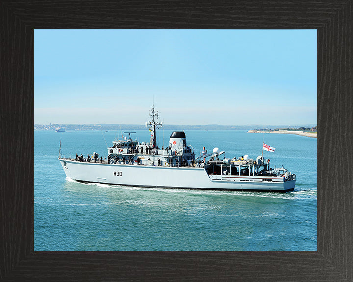 HMS Ledbury (M30) Photo Print - Leaving Portsmouth - Royal Navy Hunt Class Minesweeper Hampshire Prints 10 x 8 Black Frame No