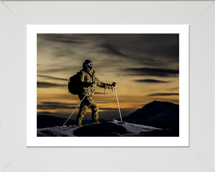 Royal Marine Commando with skis at sunset Photo Print Hampshire Prints 10 x 8 White Frame Yes