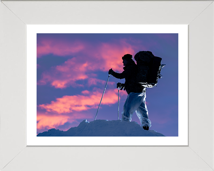 Royal Marine Commando with skis at sunset Photo Print Hampshire Prints 10 x 8 White Frame Yes