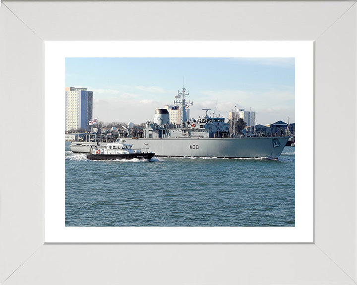 HMS Ledbury (M30) Photo Print - Entering Portsmouth Harbour - Royal Navy Hunt Class Minesweeper Hampshire Prints 10 x 8 White Frame Yes