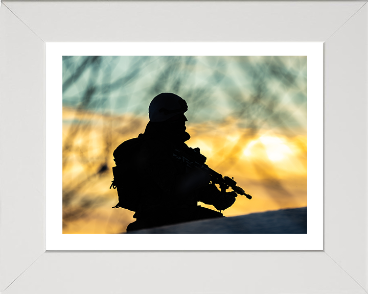 Royal Marine Commando silhouette at sunset Photo Print - 40 Commando Hampshire Prints 10 x 8 White Frame Yes