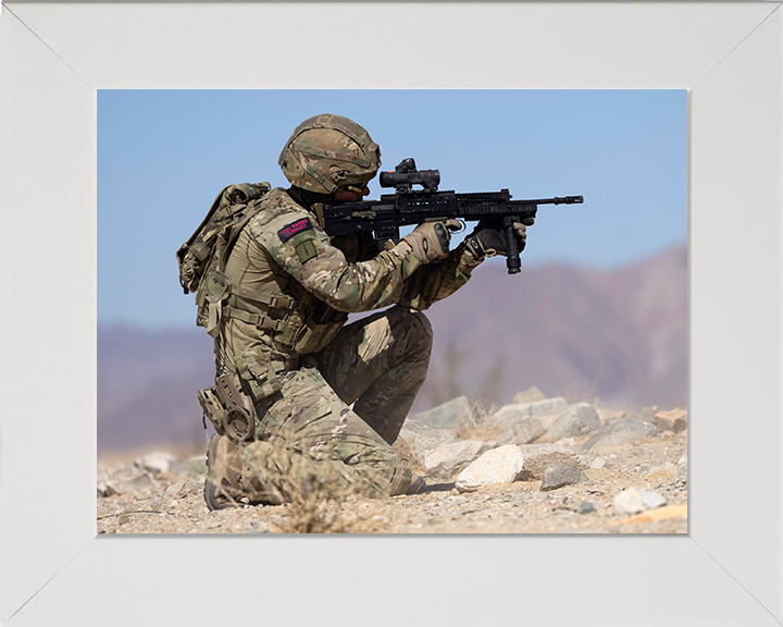 Royal Marine Commando Kneeling and firing Photo Print - 30 Commando Hampshire Prints 10 x 8 White Frame No