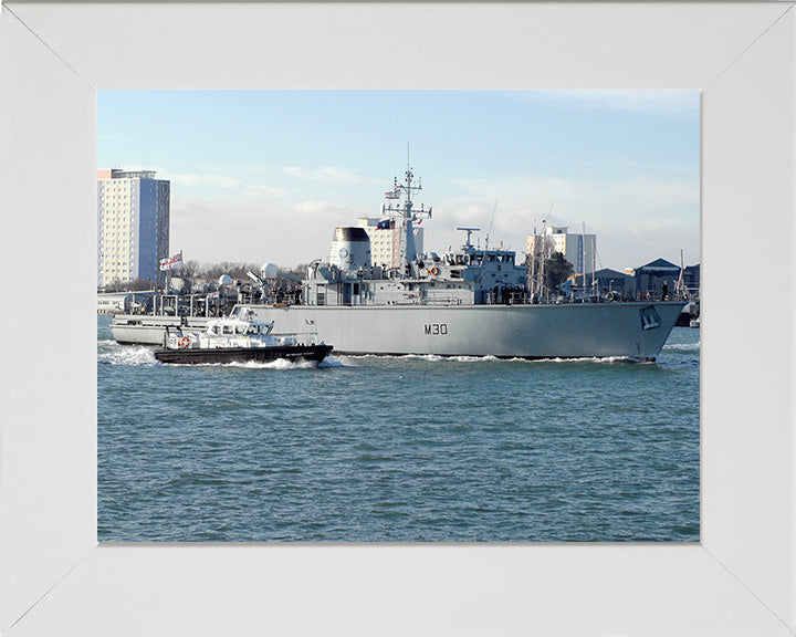 HMS Ledbury (M30) Photo Print - Entering Portsmouth Harbour - Royal Navy Hunt Class Minesweeper Hampshire Prints 10 x 8 White Frame No