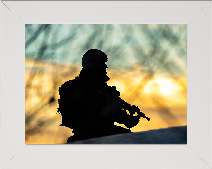 Royal Marine Commando silhouette at sunset Photo Print - 40 Commando Hampshire Prints 10 x 8 White Frame No