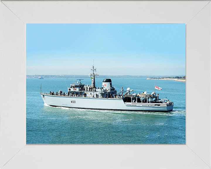 HMS Ledbury (M30) Photo Print - Leaving Portsmouth - Royal Navy Hunt Class Minesweeper Hampshire Prints 10 x 8 White Frame No