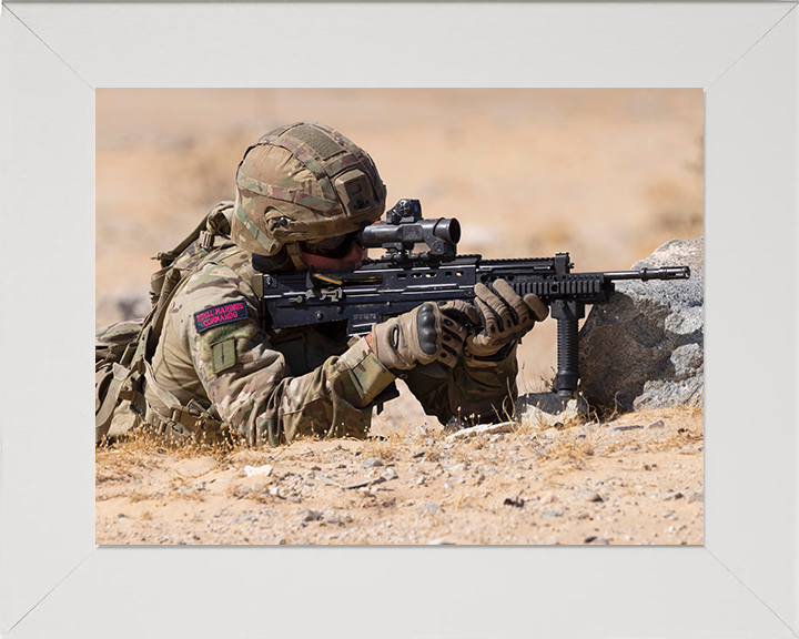 Royal Marine Commando firing Weapon Photo Print - 30 Commando Hampshire Prints 10 x 8 White Frame No
