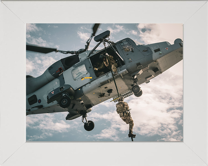 Royal Marine Commando fast roping from a Wildcat Helicopter Photo Print Hampshire Prints 10 x 8 White Frame No