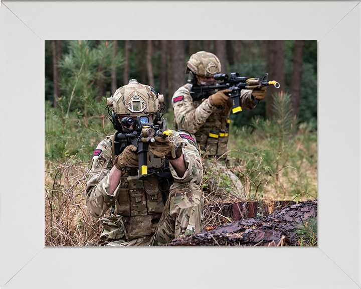 Two Royal Marines Commandos with weapons Photo Print - Bravo Company Hampshire Prints 10 x 8 White Frame No