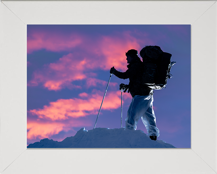 Royal Marine Commando with skis at sunset Photo Print Hampshire Prints 10 x 8 White Frame No