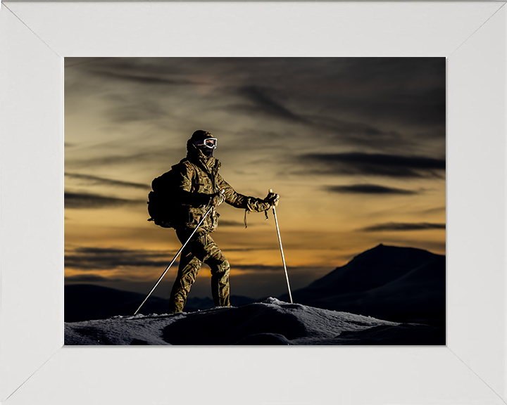 Royal Marine Commando with skis at sunset Photo Print Hampshire Prints 10 x 8 White Frame No