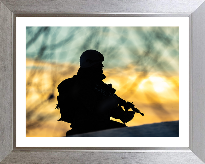 Royal Marine Commando silhouette at sunset Photo Print - 40 Commando Hampshire Prints 10 x 8 Silver Frame Yes