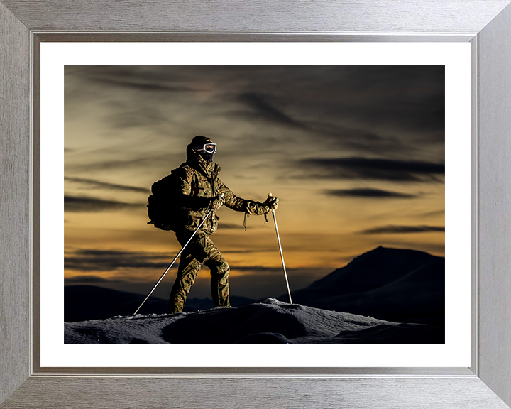 Royal Marine Commando with skis at sunset Photo Print Hampshire Prints 10 x 8 Silver Frame Yes