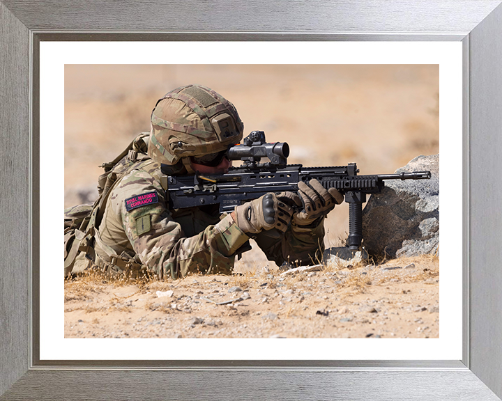 Royal Marine Commando firing Weapon Photo Print - 30 Commando Hampshire Prints 10 x 8 Silver Frame Yes