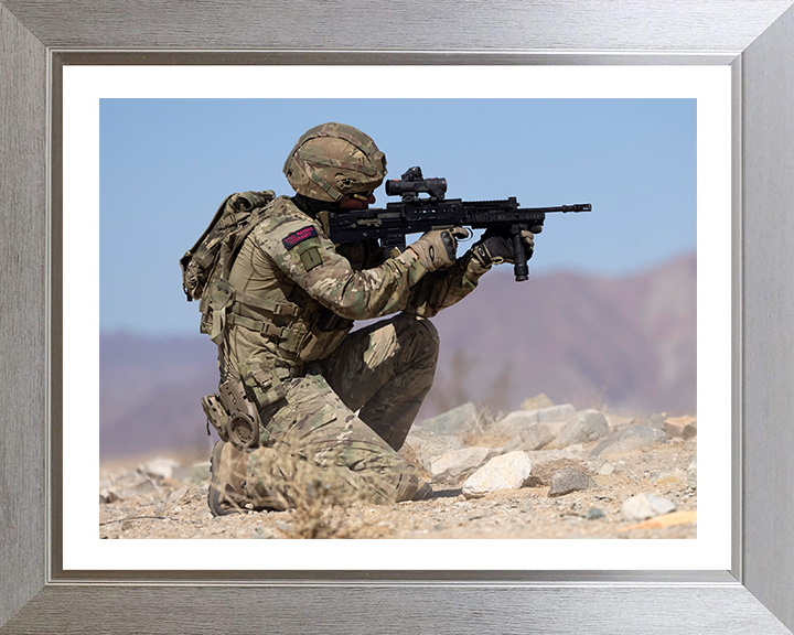 Royal Marine Commando Kneeling and firing Photo Print - 30 Commando Hampshire Prints 10 x 8 Silver Frame Yes