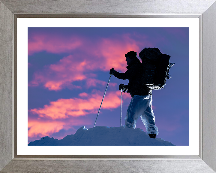 Royal Marine Commando with skis at sunset Photo Print Hampshire Prints 10 x 8 Silver Frame Yes