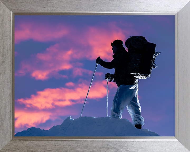 Royal Marine Commando with skis at sunset Photo Print Hampshire Prints 10 x 8 Silver Frame No