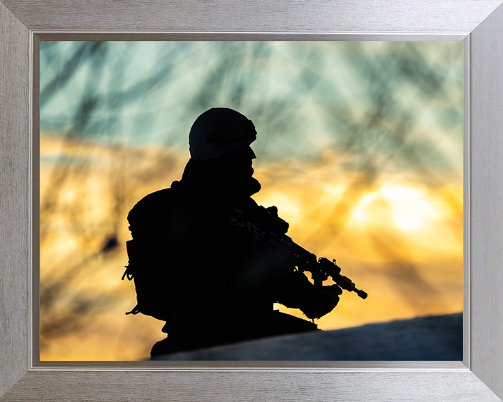 Royal Marine Commando silhouette at sunset Photo Print - 40 Commando Hampshire Prints 10 x 8 Silver Frame No