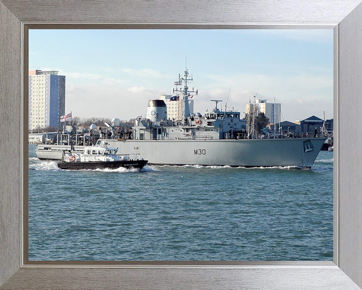 HMS Ledbury (M30) Photo Print - Entering Portsmouth Harbour - Royal Navy Hunt Class Minesweeper Hampshire Prints 10 x 8 Silver Frame No