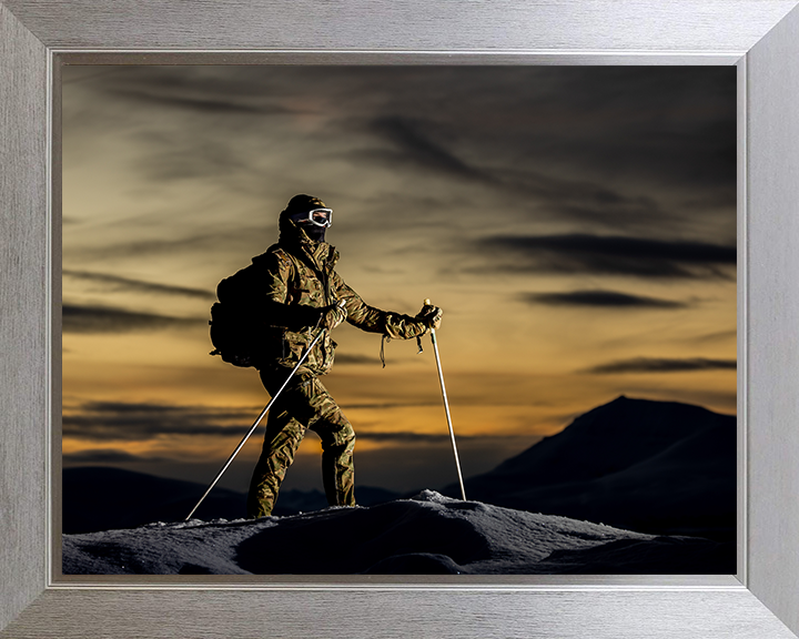 Royal Marine Commando with skis at sunset Photo Print Hampshire Prints