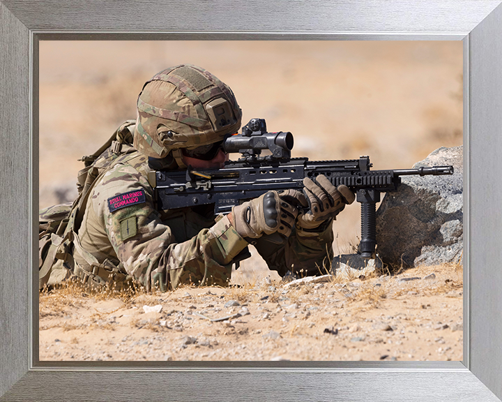 Royal Marine Commando firing Weapon Photo Print - 30 Commando Hampshire Prints 10 x 8 Silver Frame No