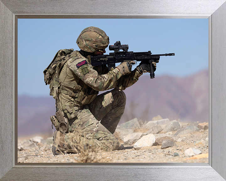 Royal Marine Commando Kneeling and firing Photo Print - 30 Commando Hampshire Prints 10 x 8 Silver Frame No