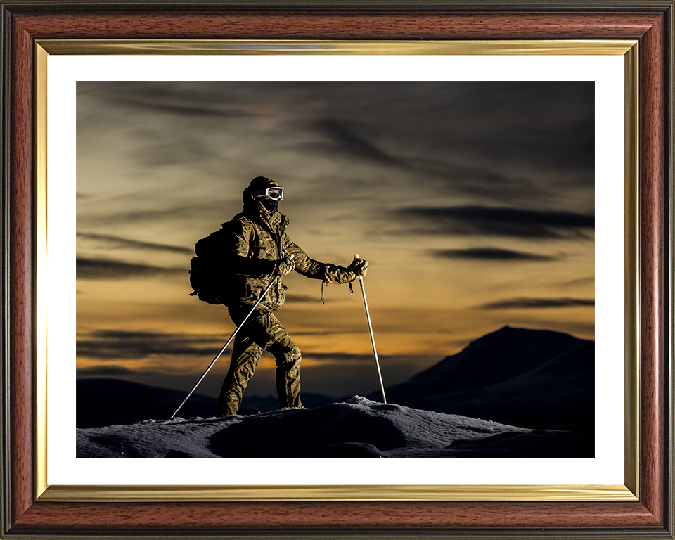 Royal Marine Commando with skis at sunset Photo Print Hampshire Prints 10 x 8 Classic Frame Yes