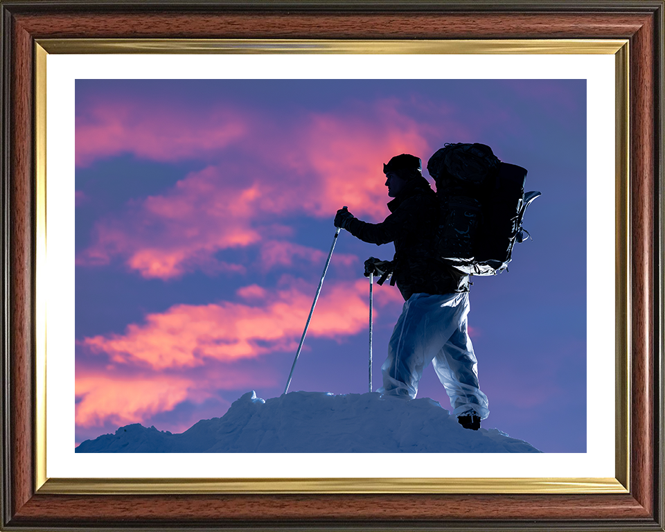 Royal Marine Commando with skis at sunset Photo Print Hampshire Prints 10 x 8 Classic Frame Yes