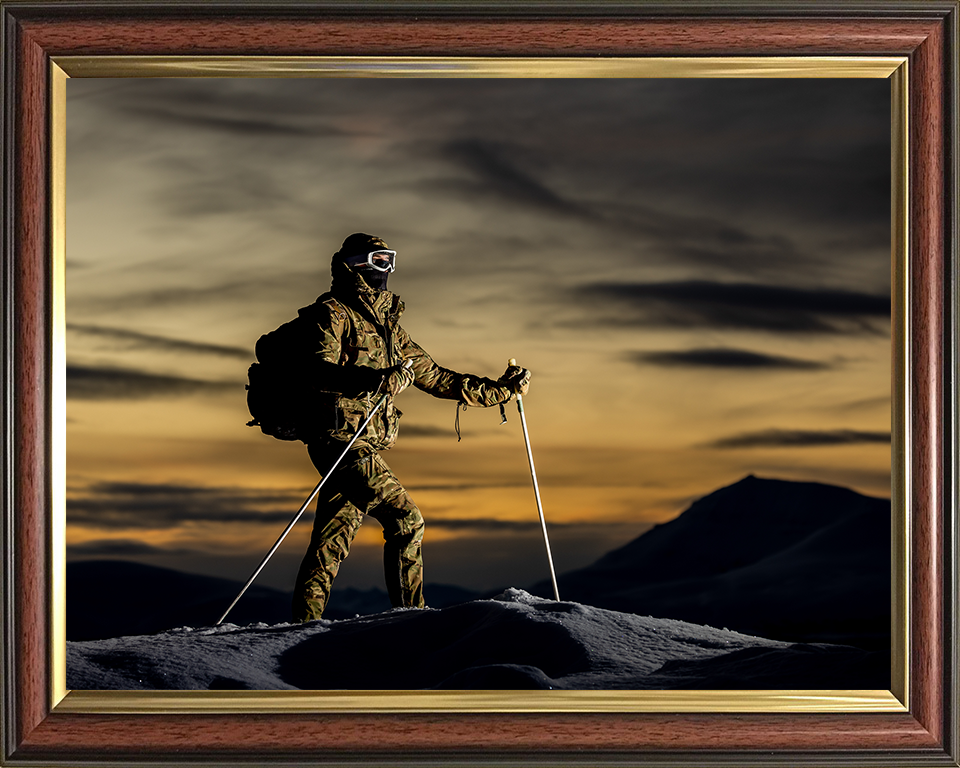 Royal Marine Commando with skis at sunset Photo Print Hampshire Prints 10 x 8 Classic Frame No
