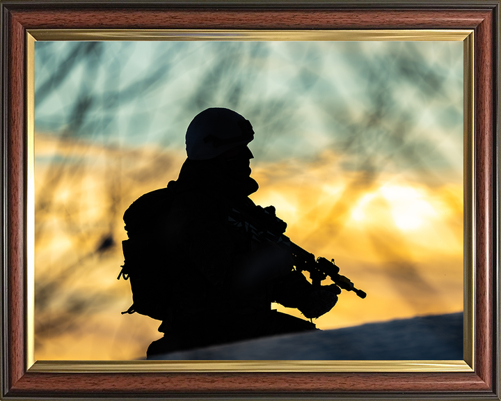 Royal Marine Commando silhouette at sunset Photo Print - 40 Commando Hampshire Prints 10 x 8 Classic Frame No