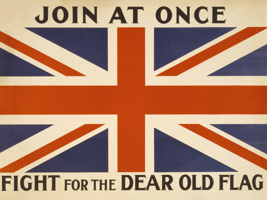 "Join at Once, Fight for the Dear Old Flag" war time recruiting poster, built around the Union Jack