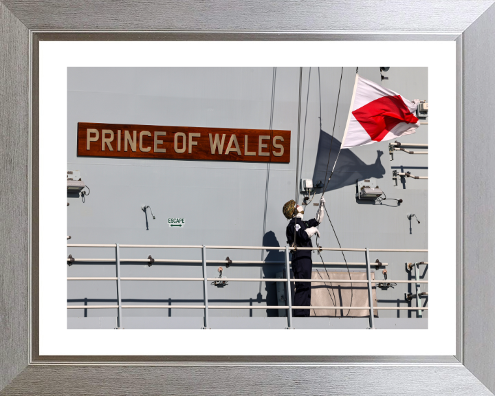 HMS Prince of Wales (R09) Photo Print - Name Plate - Royal Navy Queen Elizabeth Class Aircraft Carrier Hampshire Prints 10 x 8 Silver Frame Yes