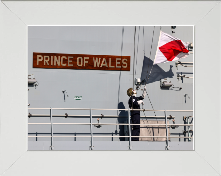 HMS Prince of Wales (R09) Photo Print - Name Plate - Royal Navy Queen Elizabeth Class Aircraft Carrier Hampshire Prints 10 x 8 White Frame No