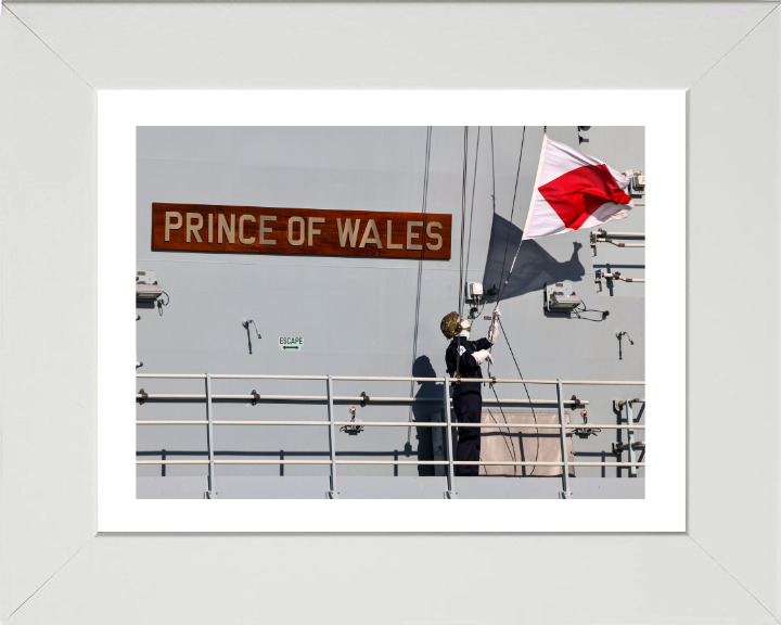 HMS Prince of Wales (R09) Photo Print - Name Plate - Royal Navy Queen Elizabeth Class Aircraft Carrier Hampshire Prints 10 x 8 White Frame Yes